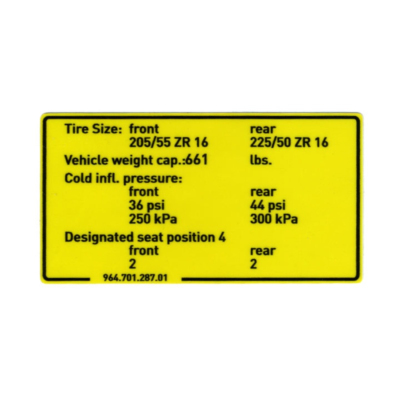 Porsche Tire Pressure Decal – 911 89-94  964-701-287-01