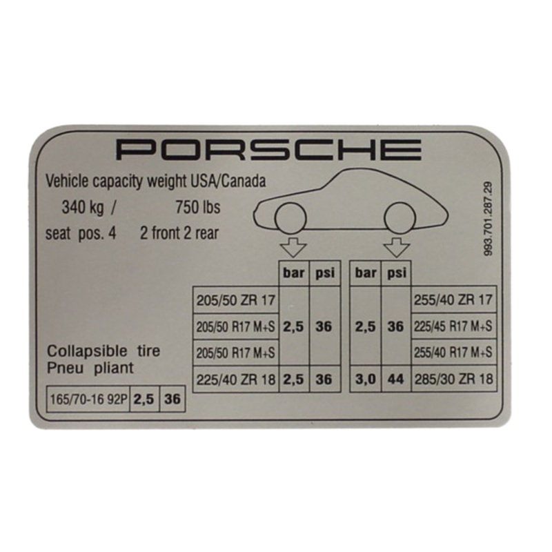 Porsche Tire Pressure Decal – 911 95-98