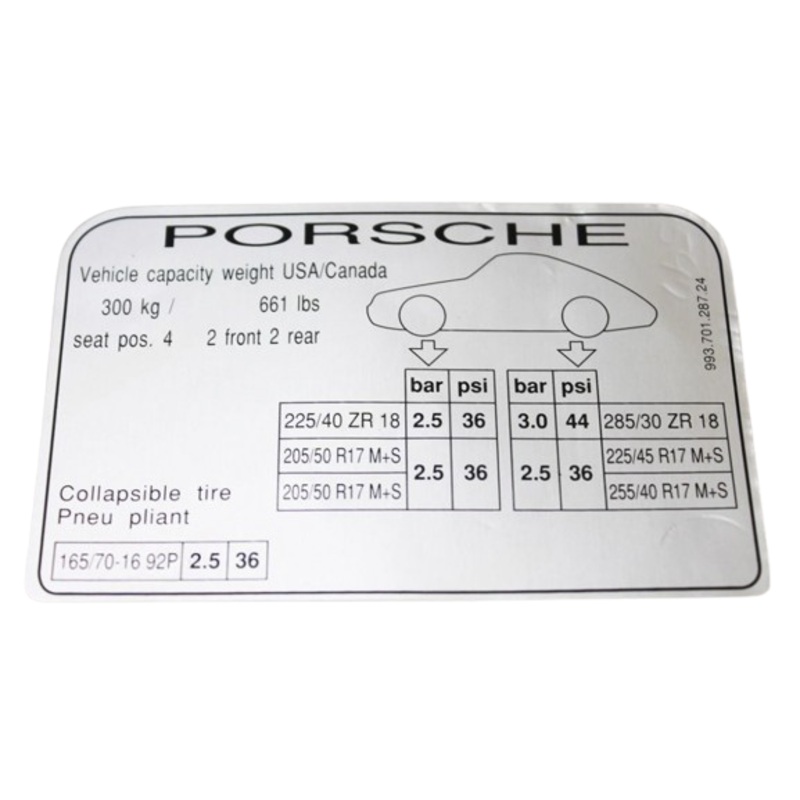 Porsche Tire Pressure Decal – 911 95-98  993-701-287-24