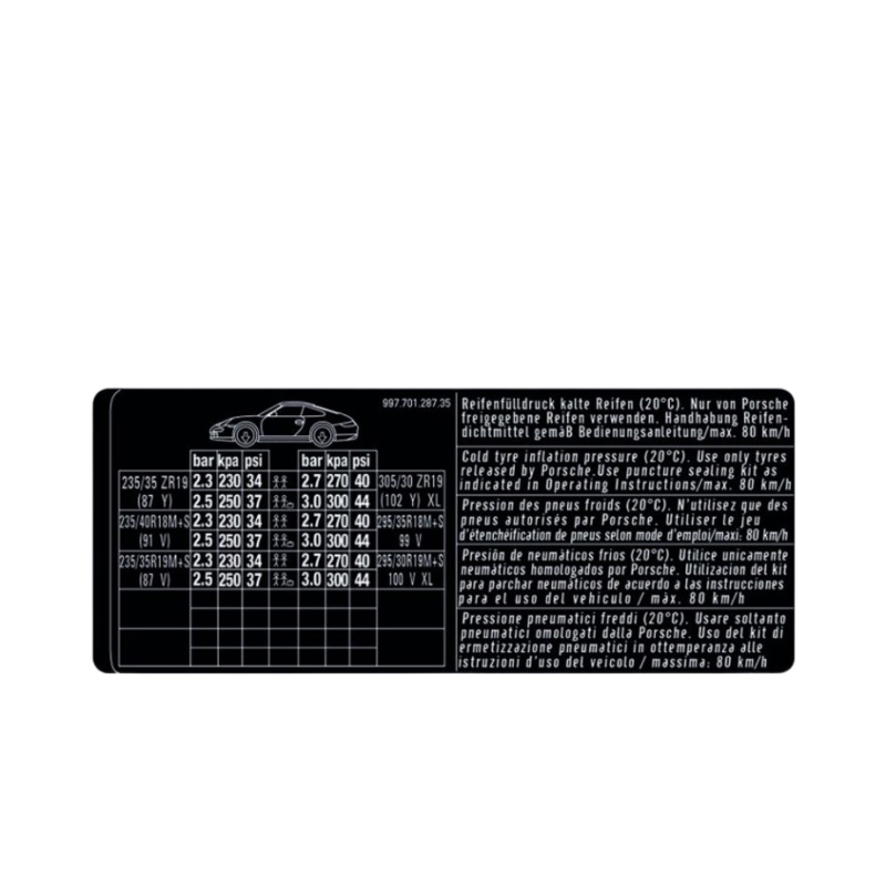 Porsche Tyre Pressure Data Plate – 911 05-08  997-701-287-35