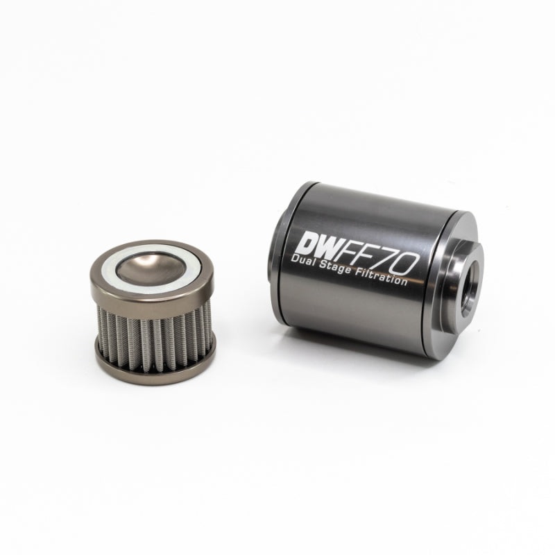 DeatschWerks Stainless Steel 8AN 100 Micron Universal Inline Fuel Filter Housing Kit 70mm (8-03-070-100K)
