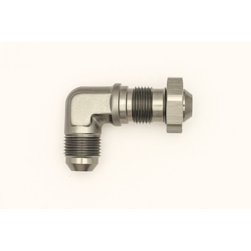 DeatschWerks 8AN Male Flare To 8AN Male Flare Bulkhead Adapter 90-Degree Incl. Nut (6-02-0711)
